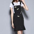 Set: Short Sleeve T-shirt + Bee Embroidered Striped Pinafore Dress