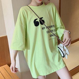3/4-sleeve Letter Drawstring Asymmetric T-shirt