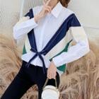Long-sleeve Color Block Bow Accent Shirt