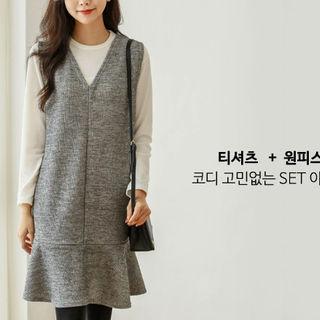 Set: V-neck Pinafore Dress + T-shirt