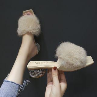 Studded Block Heel Furry Slide Sandals
