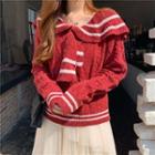 Contrast-trim Sailor-collar Cable-knit Sweater