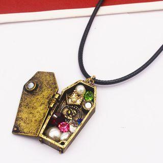 Coffin Faux Pearl Faux Crystal Pendant Necklace Black & Gold - One Size