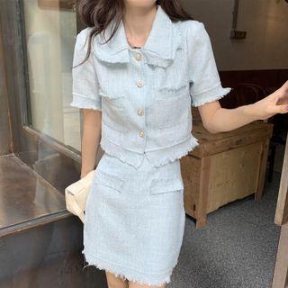 Set: Short-sleeve Frayed Button-up Crop Top + Mini Pencil Skirt