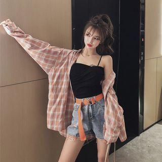 Long-sleeve Plaid Shirt / Spaghetti Strap Top / Denim Shorts / Set