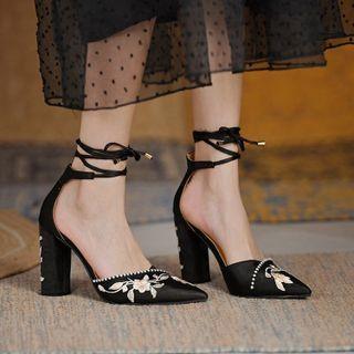 Ankle Strap Embroidered Chunky Heel Sandals