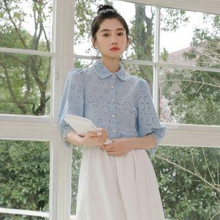 3/4-sleeve Lace Trim Eyelet Blouse