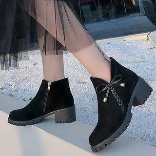 Faux Suede Ribbon Block Heel Ankle Boots