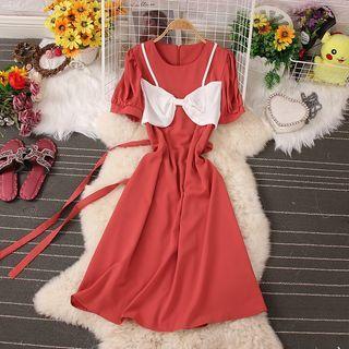 Mock Two-piece Short-sleeve Bow A-line Dress