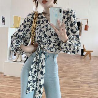 Long Sleeve Floral Wrapped Crop Blouse