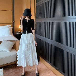 Set: Short-sleeve Button Knit Top + Midi A-line Skirt