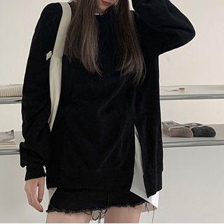 Round Neck Plain Side Slit Loose Fit Sweatshirt