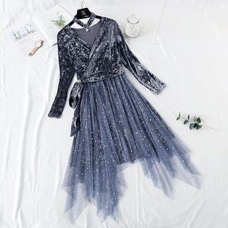 Set: Choker-neck Long-sleeve Velvet Top + Sequined Midi Mesh Skirt