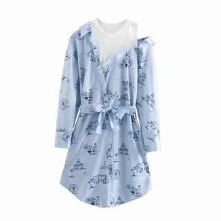 Mock Two-piece Asymmetric Printed Shirt Dress