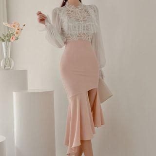 Set: Bell-sleeve Plain Lace Chiffon Top + High-waist Plain Mermaid Skirt