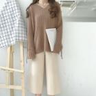 Plain V-neck Bell-sleeve Loose-fit Sweater