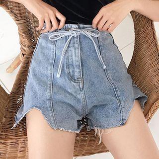 Tie-waist Asymmetrical Denim Wide-leg Shorts