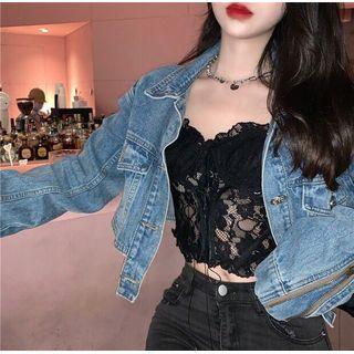 Spaghetti Strap Lace Top / Denim Jacket / Skinny Jeans