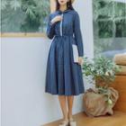 Plaid Long-sleeve Peter Pan Collar Midi Dress