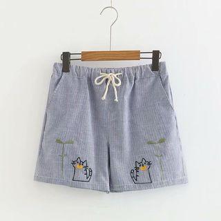 Pinstriped Embroidered Drawstring Shorts Blue - One Size