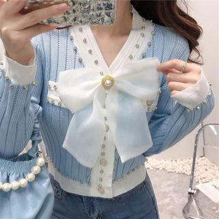 Bow V-neck Long-sleeve Knitted Jacket