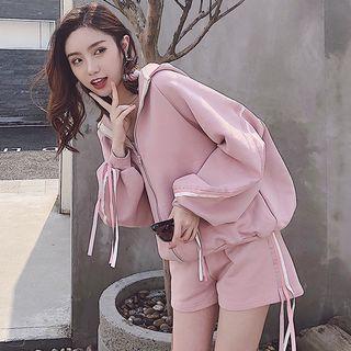Set: Contrast-trim Hooded Zip Jacket + Drawstring Shorts