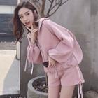 Set: Contrast-trim Hooded Zip Jacket + Drawstring Shorts