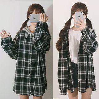 Long Sleeve Plaid Shirt With Hood Black - One Size