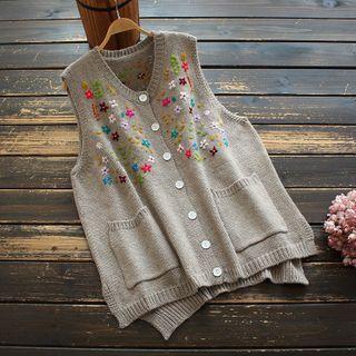 Floral Embroidered Sweater Vest Khaki - One Size