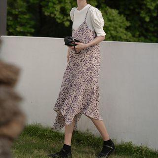 Set: Puff-sleeve Top + Floral Print Midi A-line Pinafore Dress