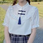 Short-sleeve Ruffle Tassel Blouse White - One Size
