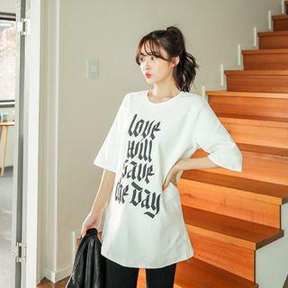 Elbow-sleeve Lettering Cotton T-shirt