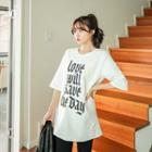 Elbow-sleeve Lettering Cotton T-shirt