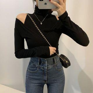 Mock Two Piece Mock Neck Cutout Top Black - One Size