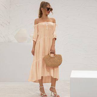 Off-shoulder Drawstring Short-sleeve Maxi A-line Dress