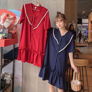 Ruffle Lace Trim Elbow-sleeve Dress