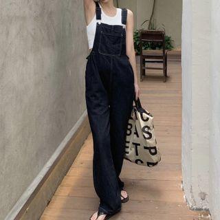 Wide-leg Denim Jumper Shorts Black Blue - One Size