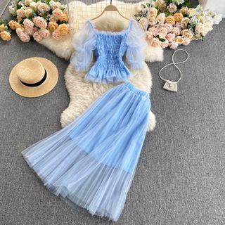 Set: Elbow-sleeve Sheer Top + Midi A-line Skirt