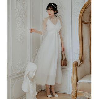 Set: Elbow-sleeve Mesh Top + V-neck Spaghetti Strap Midi A-line Dress