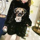 Set: Dog Embroidered Sequined Pullover + Shorts Black - One Size