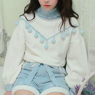 Turtleneck Pompom Two-tone Sweater White - One Size