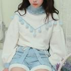 Turtleneck Pompom Two-tone Sweater White - One Size