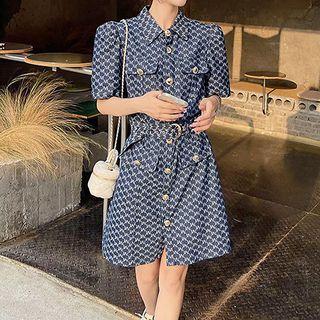 Short-sleeve Pattern Denim Shirt Dress