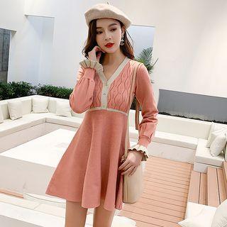 Contrast-trim Half-placket Mini Knit Dress