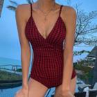 Houndstooth Spaghetti Strap Cutout-back Swimsuit