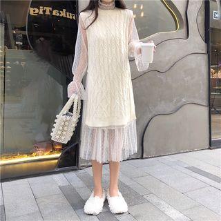 Long Knit Vest / Long-sleeve Sheer Midi Dress