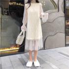 Long Knit Vest / Long-sleeve Sheer Midi Dress