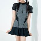 Short Sleeve Half-zip Two Tone Swim Dress