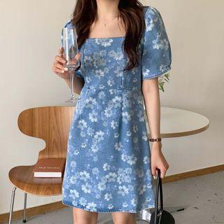 Short-sleeve Floral Print Mini A-line Denim Dress Light Blue - One Size