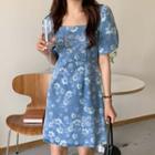 Short-sleeve Floral Print Mini A-line Denim Dress Light Blue - One Size